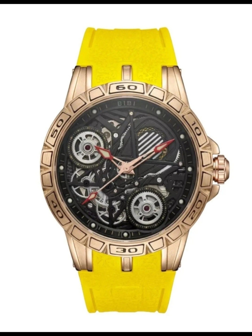 ​BiBi Luxury Men's Watch Automatic Mechanical Skeleton Rose Gold Yellow Rubber